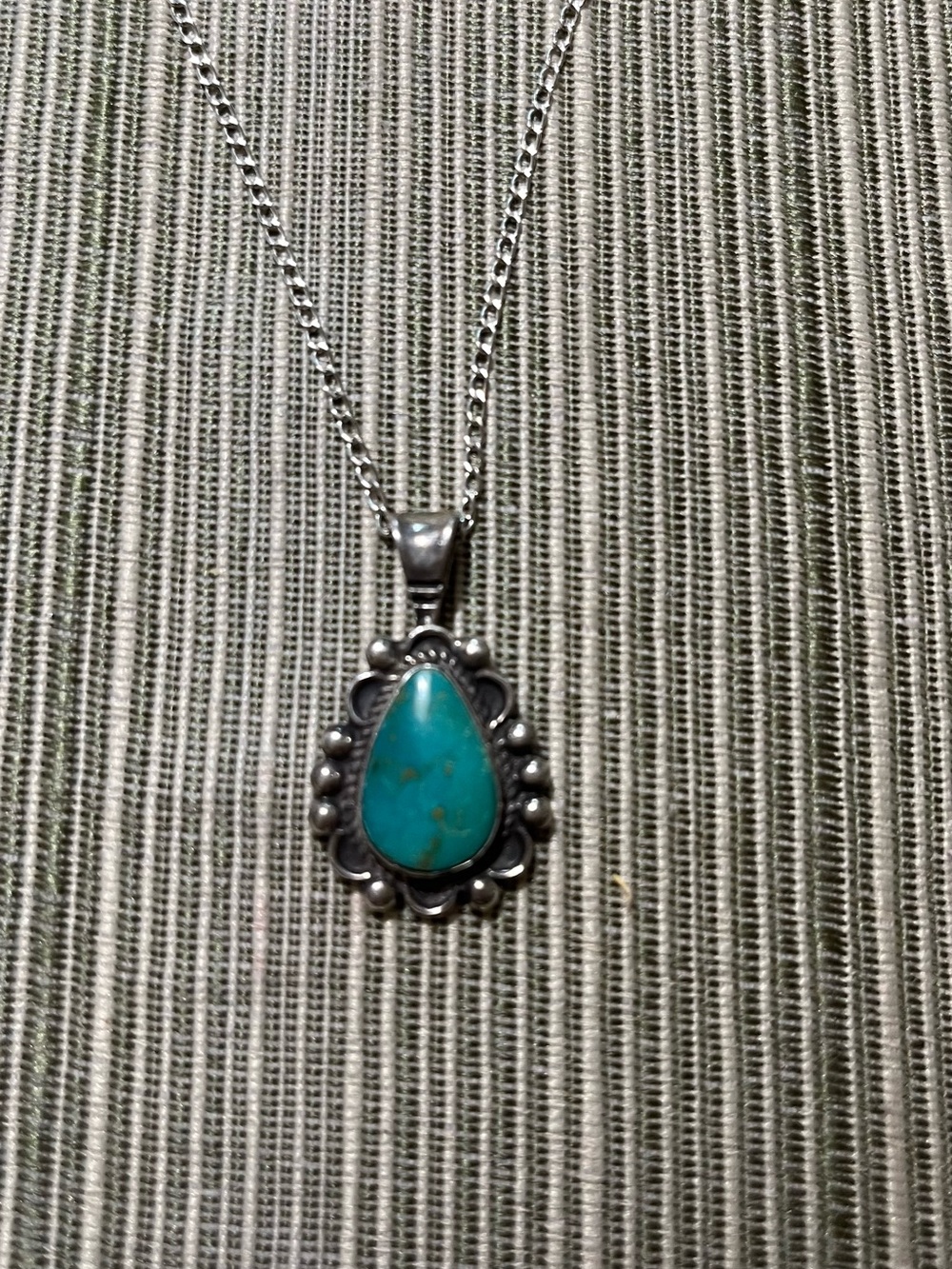 Mid century Silver Teardrop Turquoise Pendant Necklace  18”